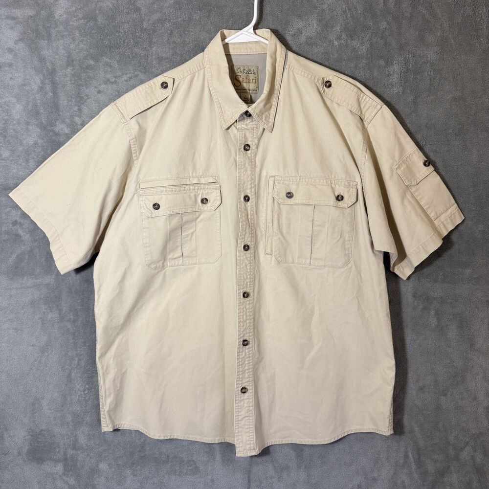 Cabela's Safari Series Shirt Mens L Beige Short Sleeve Cotton Outdoor Utility